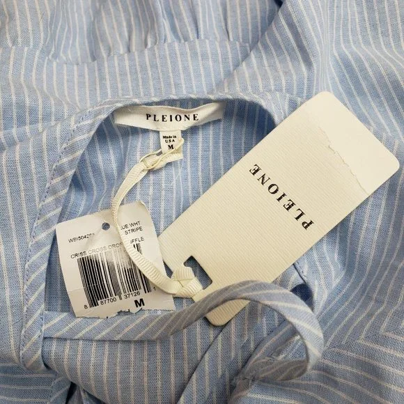 Pleione Womens Ruffle Hem Top Sz Medium Blue White Striped 3/4 Sleeve Cotton - Picture 5 of 6